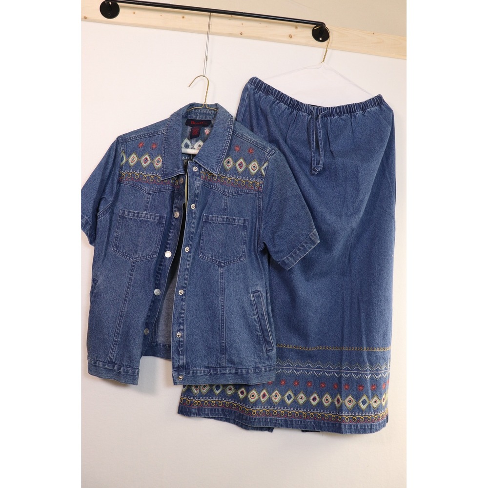 Denim & Co. Embroidered 2 Piece Set Shirt & Skirt Blue Cotton Medium NWT QVC